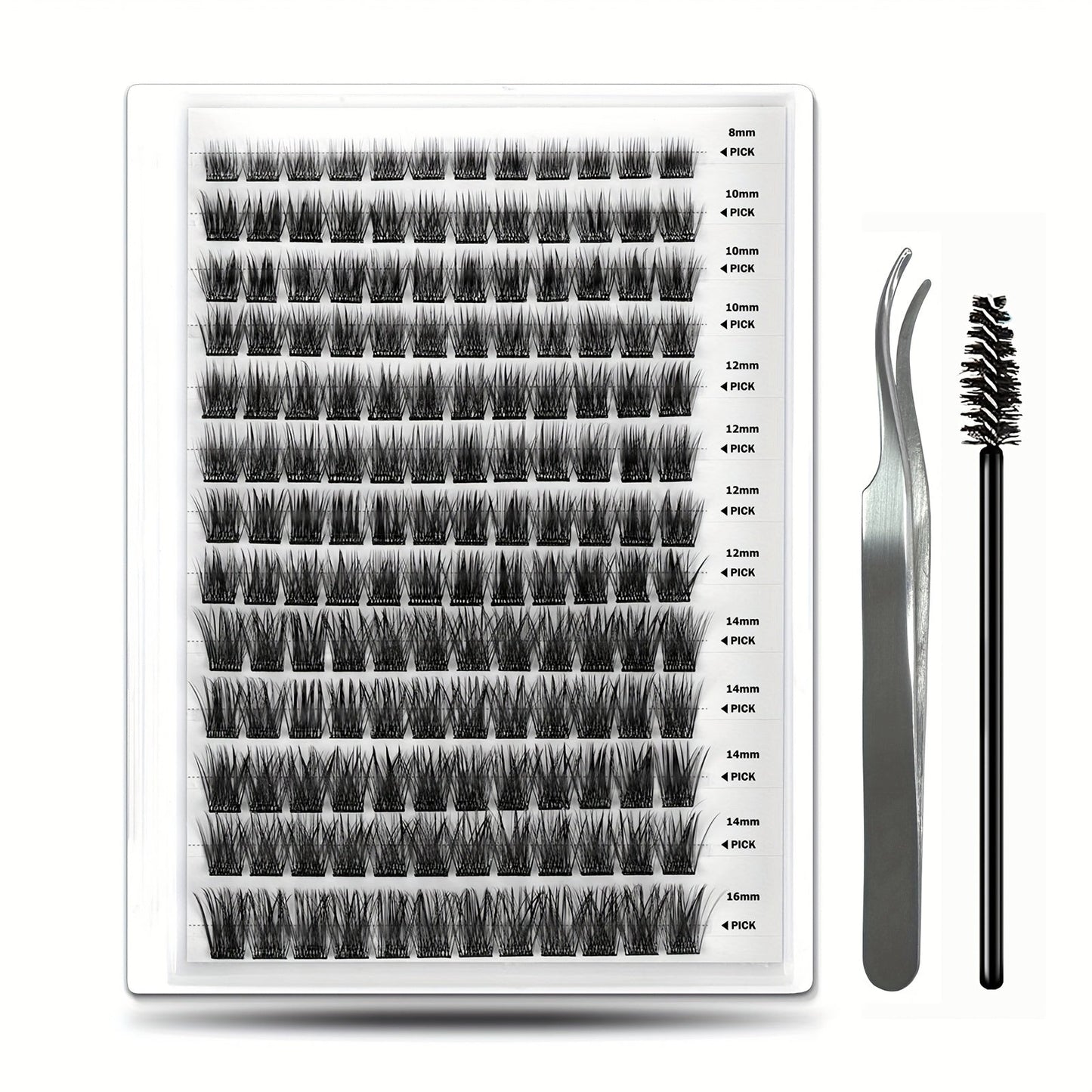 156-Piece Mixed Self-Adhesive Lash Cluster Tray with Black Tweezers and Spoolie Brush in Mixed Style