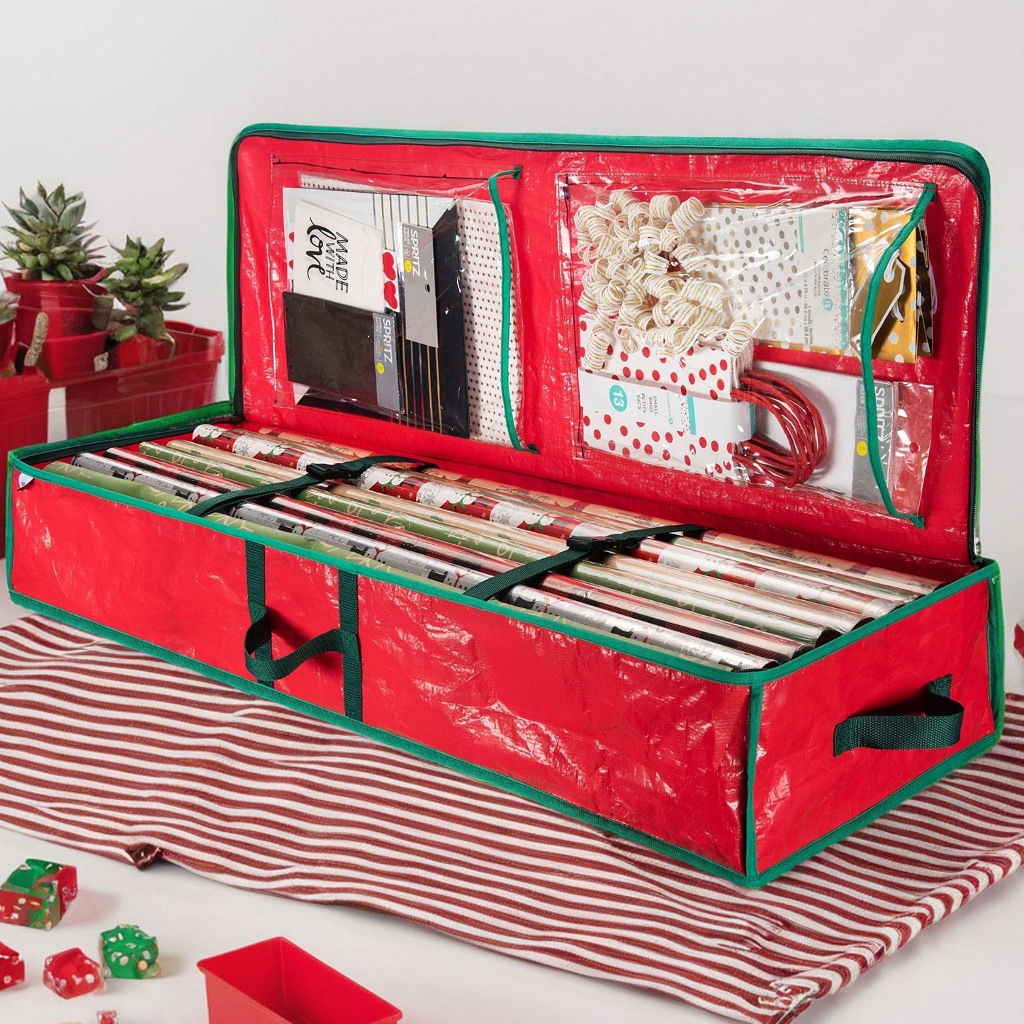 Storage Bag, 40-Inch Holiday Organizer in Red or Green with Zipper Closure, Interior Pockets, Handles and Adjustable Straps