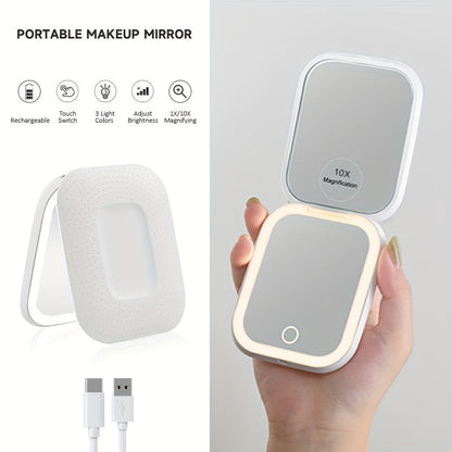 10X LED Lighted Compact Mirror USB Rechargeable 1X 10X Magnification Dimmable 3-Color Touch Screen – Double Sided Portable Travel Pocket