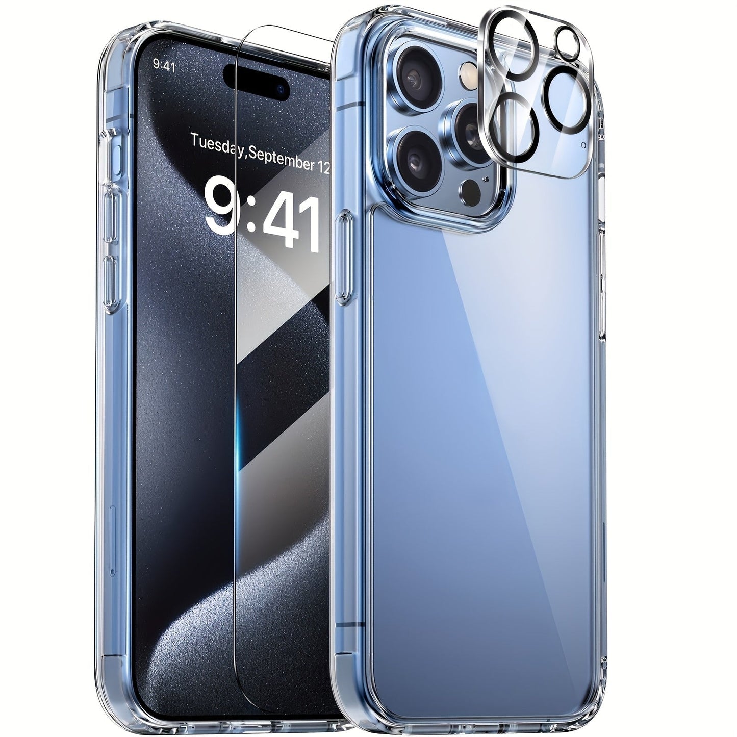 Phone Case Clear TPU and PC Three-Piece Bundle with Screen and Camera Lens Protectors for Select iPhone Models