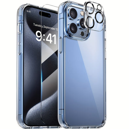 Phone Case Clear TPU and PC Three-Piece Bundle with Screen and Camera Lens Protectors for Select iPhone Models