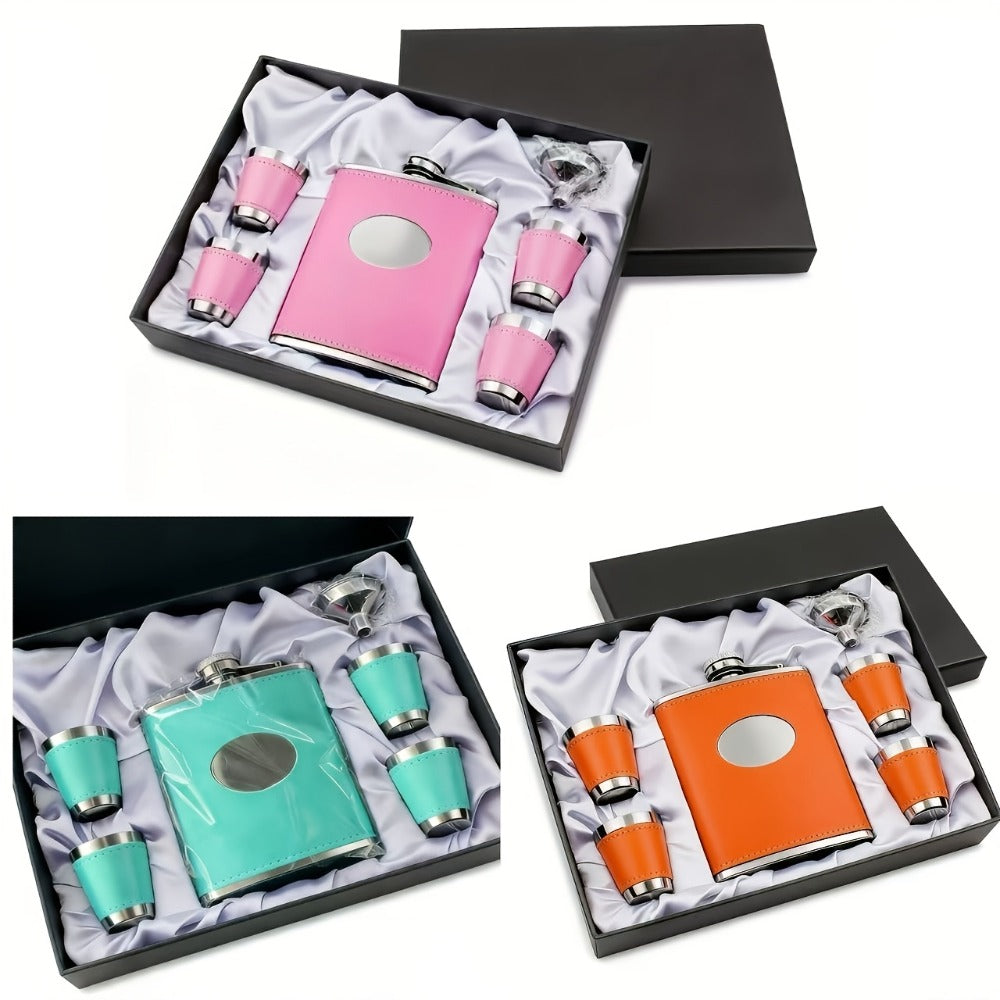 Flask Set for Women 6oz Leather Wrapped Stainless Steel Hip Flask Gift Set with 4 Cups for Entryways, Bedrooms and Living Spaces
