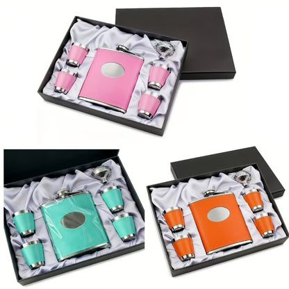 Flask Set for Women 6oz Leather Wrapped Stainless Steel Hip Flask Gift Set with 4 Cups for Entryways, Bedrooms and Living Spaces
