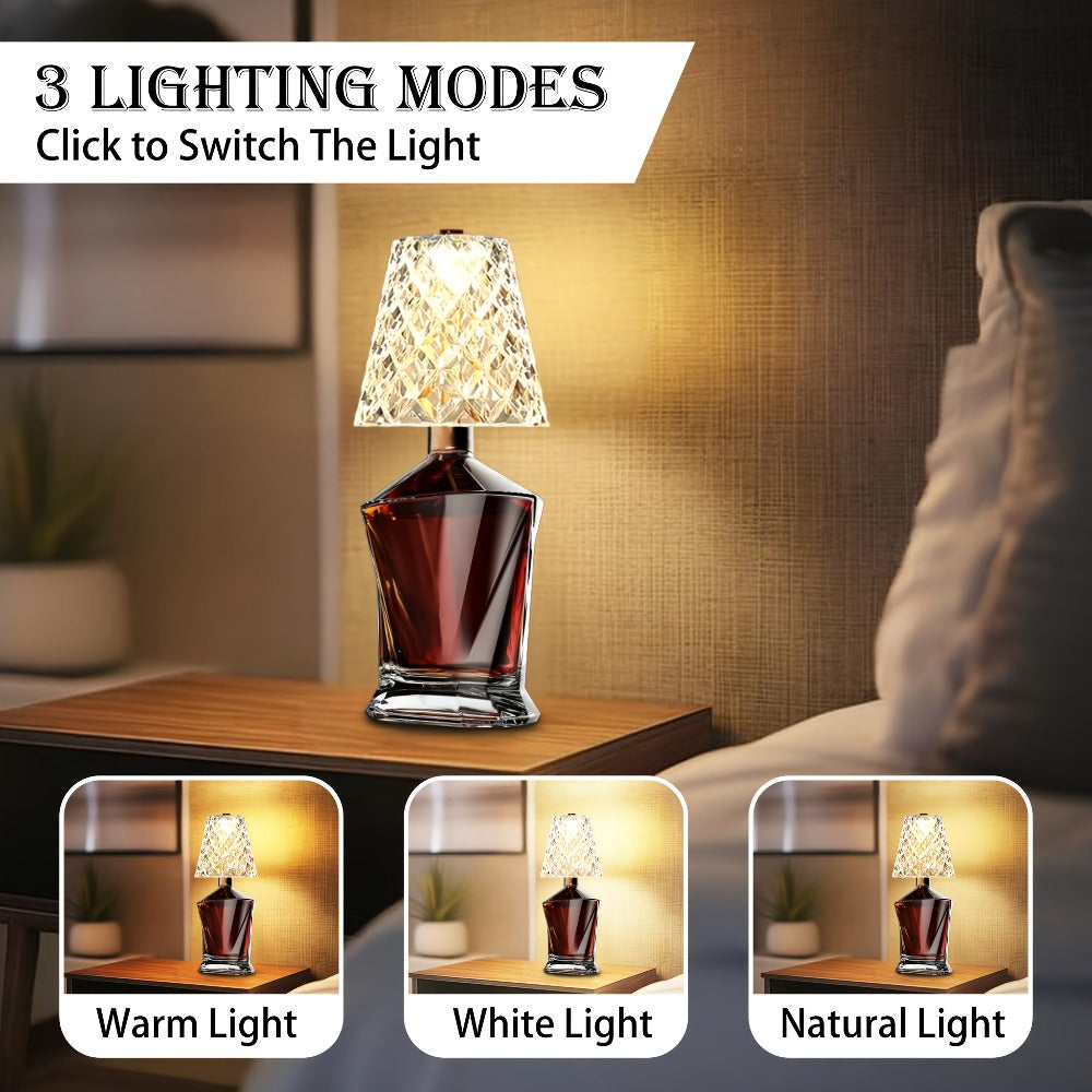 Table Lamp for Wine Bottles with Acrylic Crystal Shade, 2000mAh Battery, Three Colors and One or Two-Pack Options