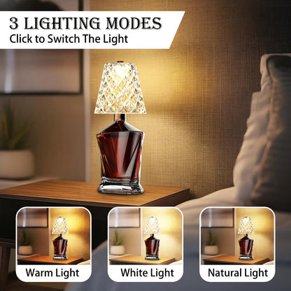 Table Lamp for Wine Bottles with Acrylic Crystal Shade, 2000mAh Battery, Three Colors and One or Two-Pack Options