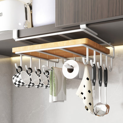 Under Cabinet Organizer Rack with Hooks, Carbon Steel Kitchen Shelf for Utensils, Towels, Cups & Cutting Boards