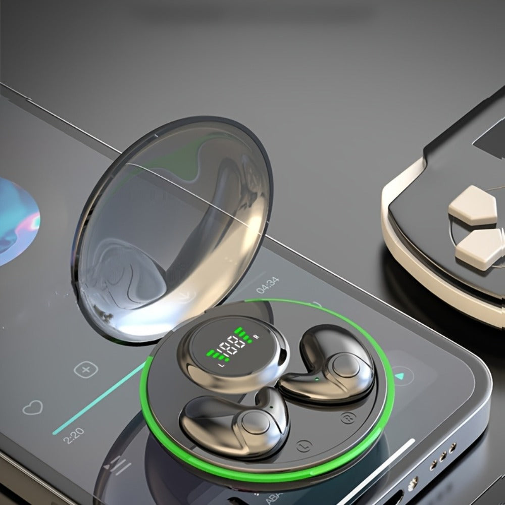 Low-Profile Round-Case Mini Sleep Earbuds with Digital Battery Display in Black, Khaki or White