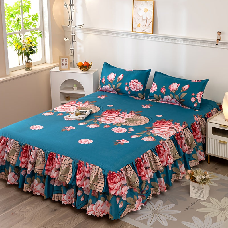 Floral Bed Skirt Set 3-Piece, 1 Ruffled Dust Ruffle Bed Skirt + 2 Pillowcases, Peony & Botanical Print