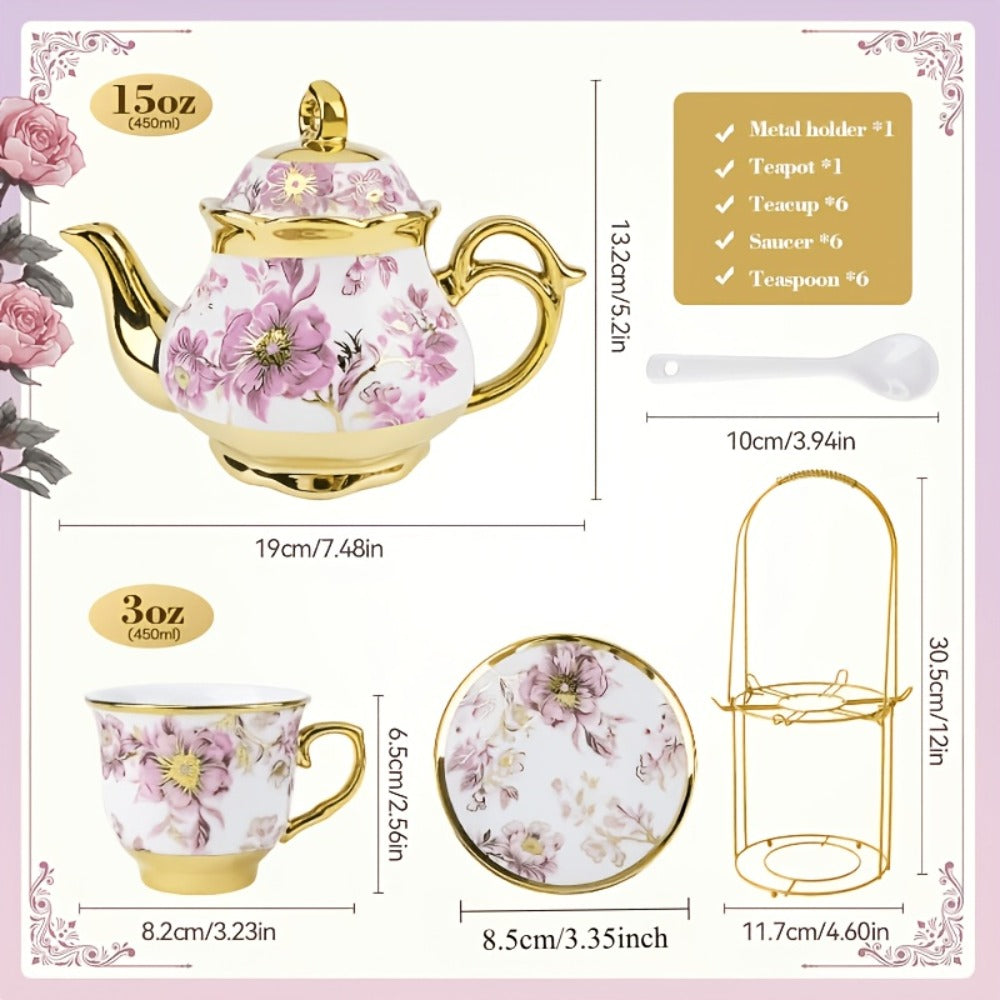 20-Piece Floral Ceramic Tea Set with Saucers & Metal Stand, European Afternoon Tea Service, Blooming Design