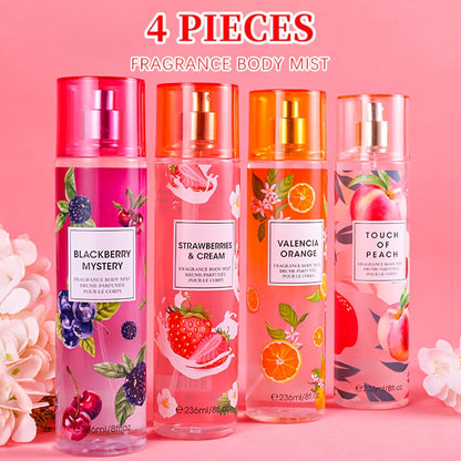 Body Spray for Women 4-Pack 8.4oz Each Hair Body Fragrance Mist Set 20 Floral Fruity Scents Daily Use Gift Value Bundle 250ml Per Bottle