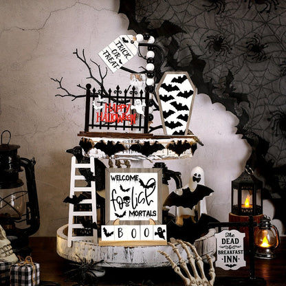 Halloween Tiered Tray Decor Set 14pcs – Bat Wooden Signs Farmhouse Black White Rustic Table Decorations for Kitchen Home Party Supplies