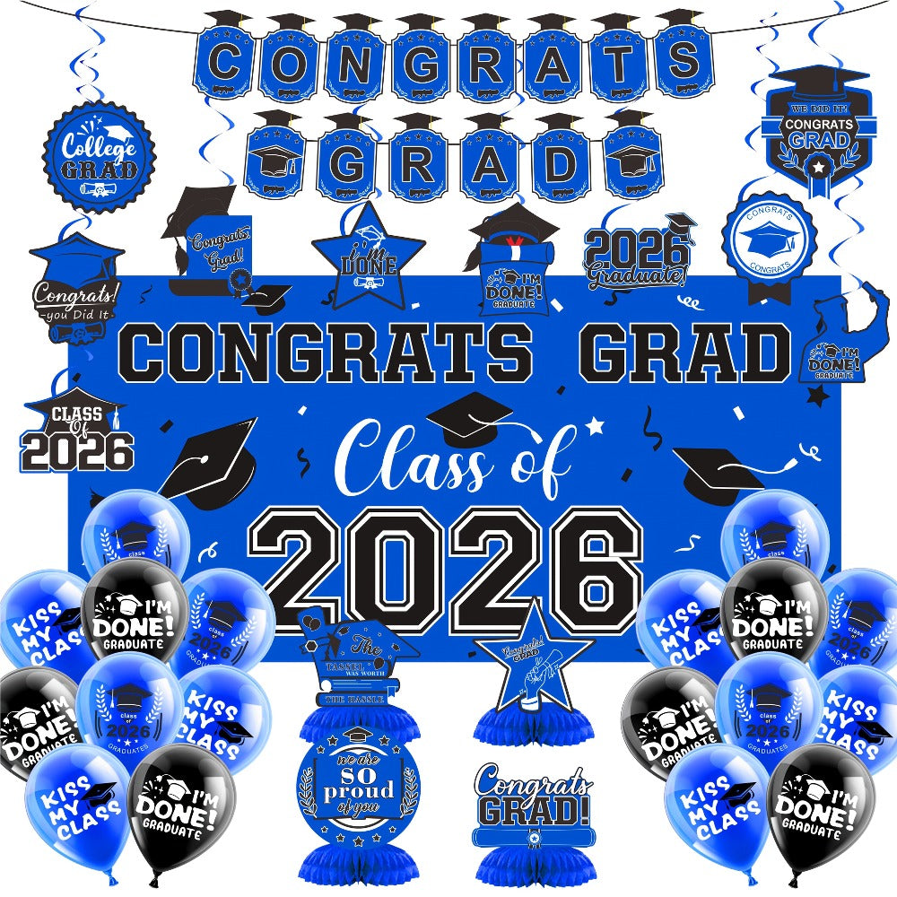Class of 2026 Graduation Decoration Set with Letter Banner, Hanging Pieces and Six Color Options