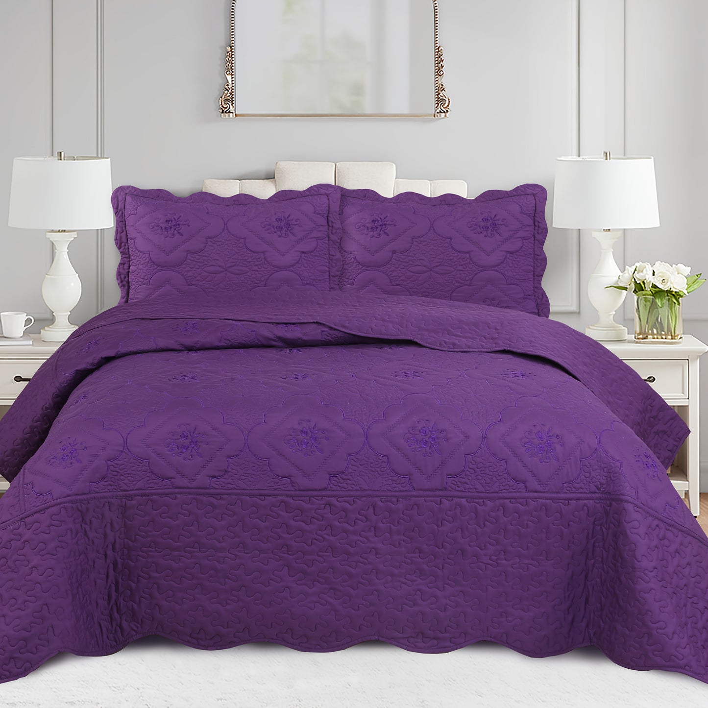 Quilt Set 3 Piece Floral Embroidery Bedspread – 100% Polyester Wrinkle Resistant Lightweight Quilted Coverlet with 2 Pillow Shams for Full