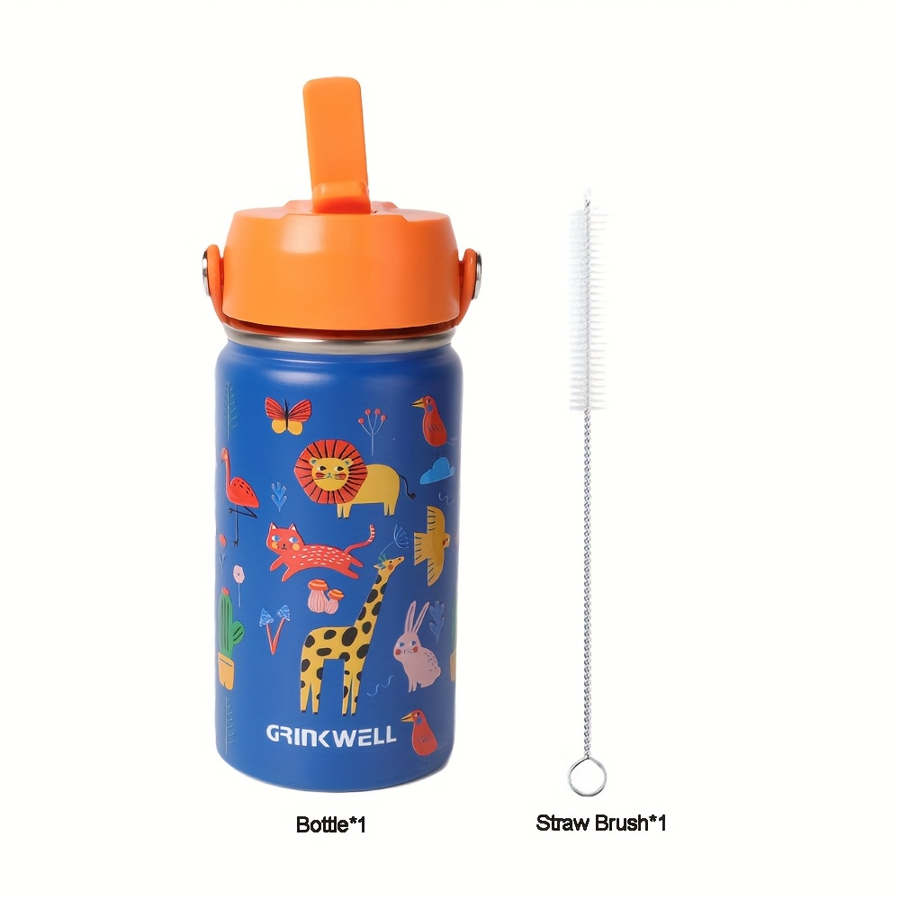 Insulated Stainless Steel Water Cup with Straw | 12oz 340ml, 3D Cartoon Pattern, Double Wall, Handle & Straw Brush – Travel