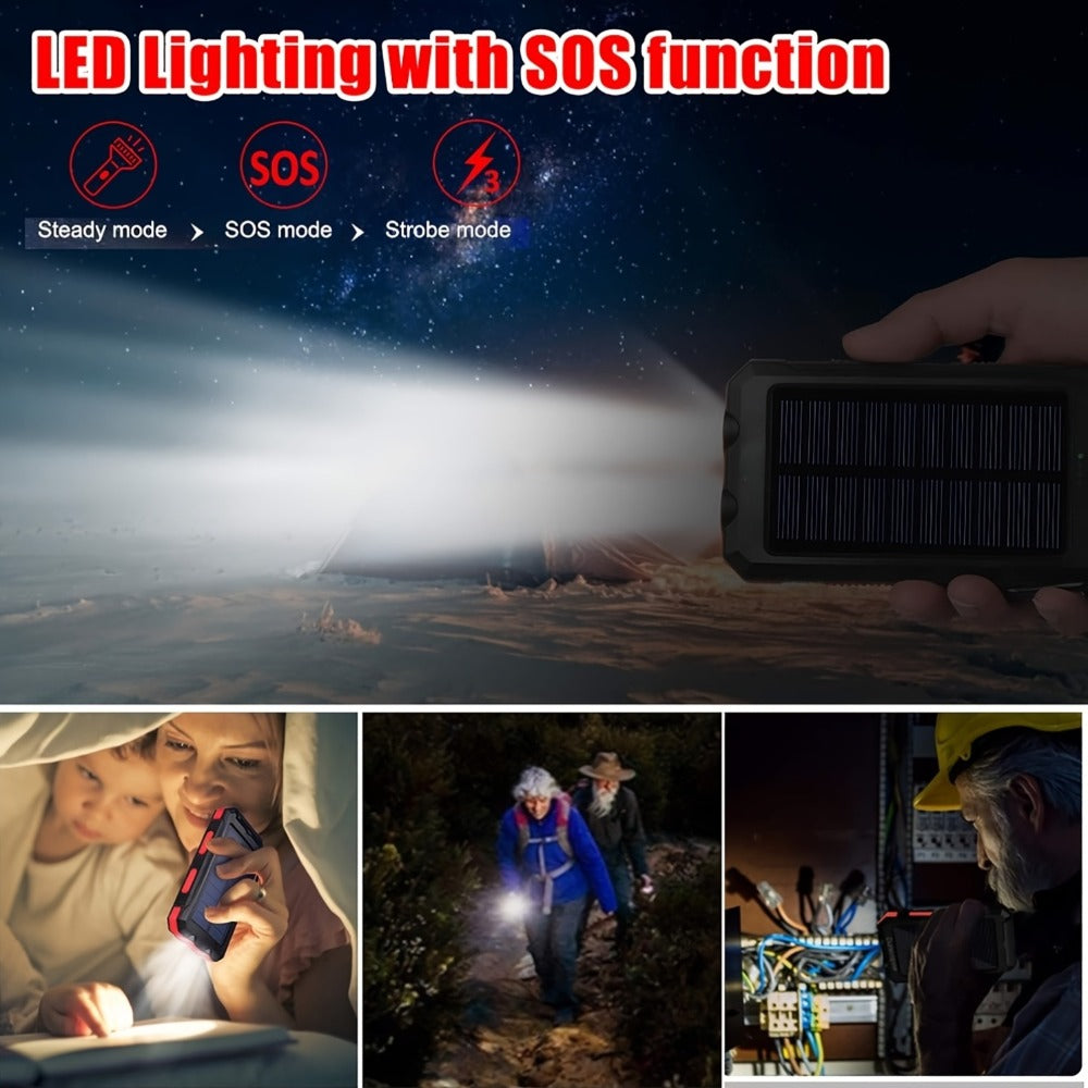 Solar Power Bank 20000mAh Outdoor Portable Charger with LED Flashlight SOS Compass & Carabiner Hook