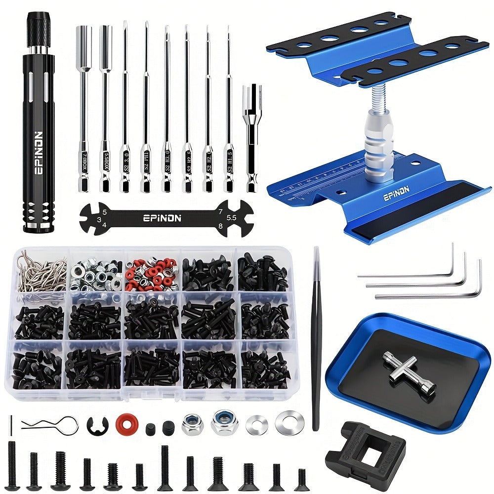 RC Car Maintenance Stand Tool Kit EPINON 360° Rotating Work Stand 520PCS Screw Set Aluminum Screwdriver Bits Compatible with 1/8 1/10 1/12