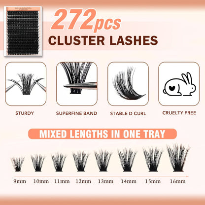 D-Curl Lash Extensions Tray with 272 Pre-Grouped 100D Thick Clusters in Mixed 8-16mm Lengths
