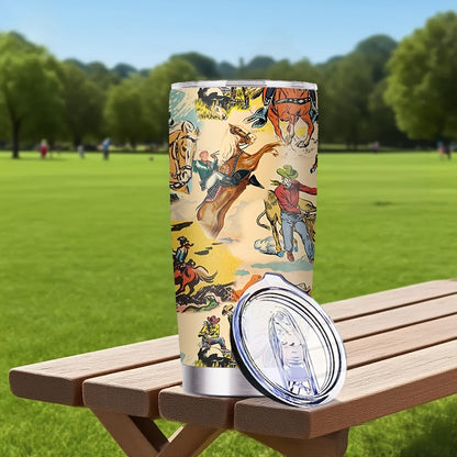 Insulated Tumbler 20oz Cowboy Western Graphic in Yellow Stainless Steel with Lid and Straw