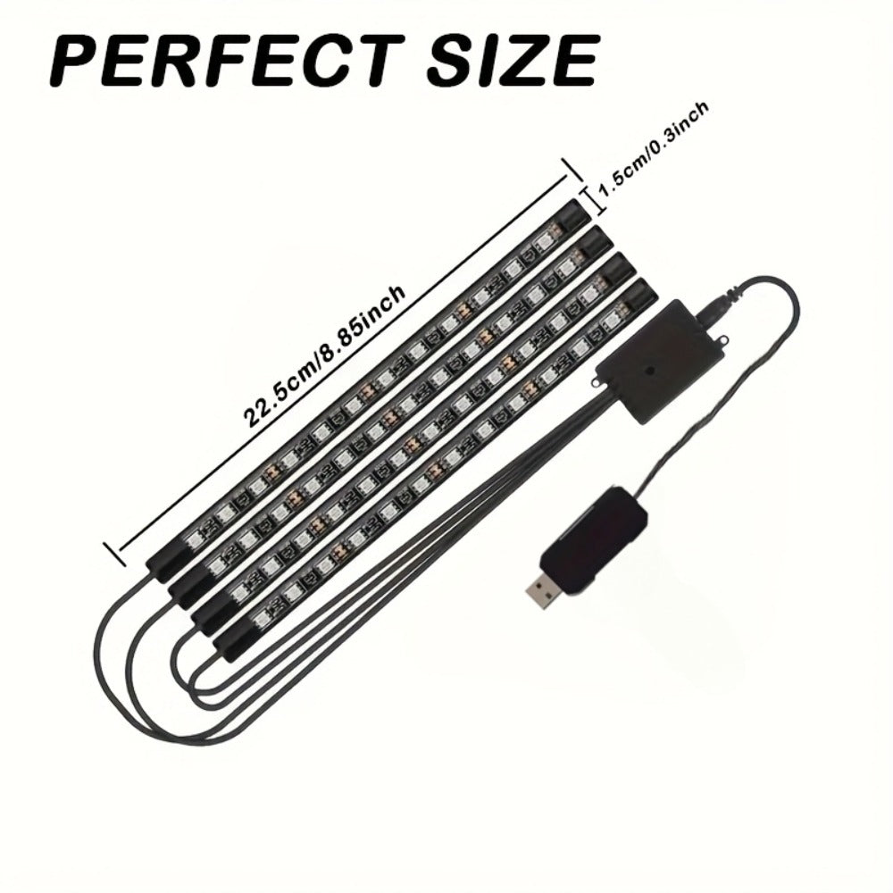 Four-Piece 5V USB RGB Car Footwell LED Light Kit for Under-Seat and Interior Accent Installation