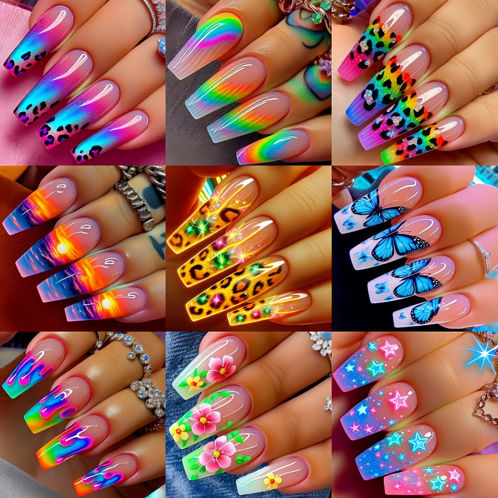 Nail Stickers for Long Nails 216 Pieces 9 Packs Glossy Removable Full Cover Nail Art Decals Wraps with Ballet Leopard Floral Butterfly