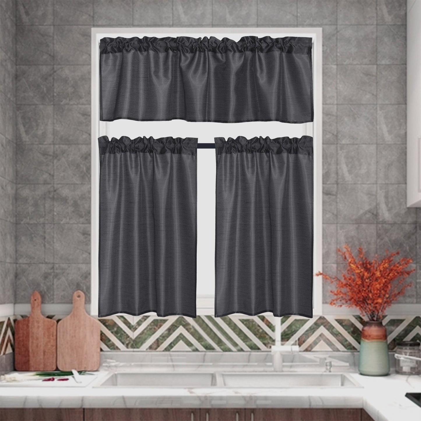 Three-Piece Faux Silk Window Curtain Set with Rod-Pocket Valance, Two 26 x 36-Inch Tiers and Eleven Colors
