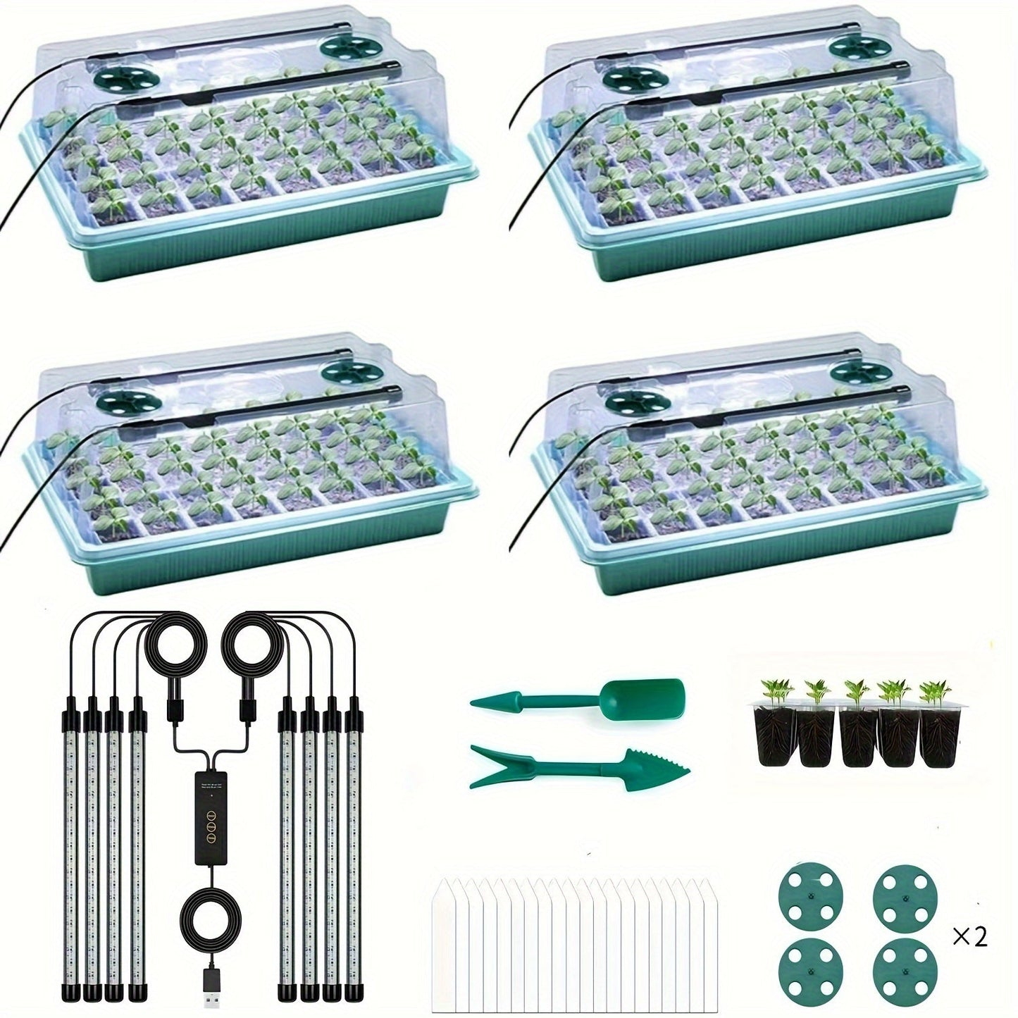 Seedling Starter Tray with Grow Light 4pcs 160-Cell, Adjustable Brightness & Timer, Humidity Dome