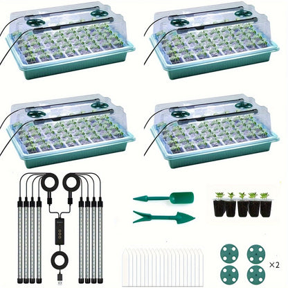 Seedling Starter Tray with Grow Light 4pcs 160-Cell, Adjustable Brightness & Timer, Humidity Dome