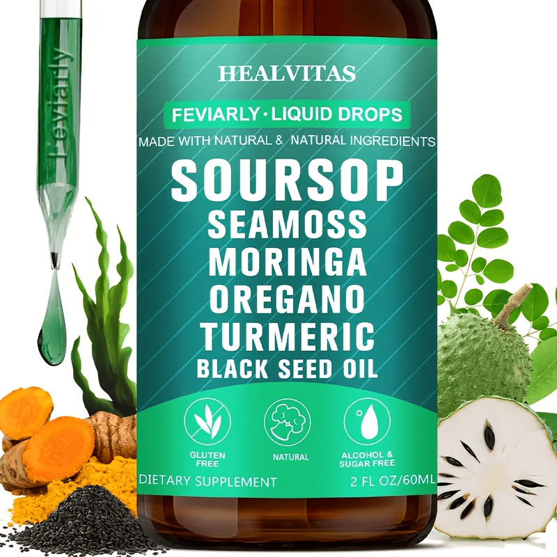 Soursop Bitters Liquid Drops 10-in-1 with Sea Moss Ashwagandha Moringa Turmeric Black Seed Oil