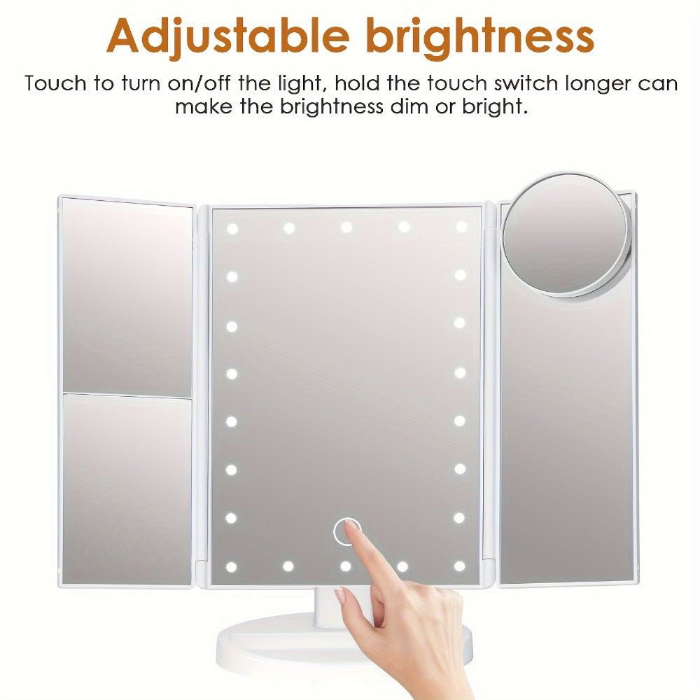 Trifold LED Vanity Mirror with 1X 2X 3X 10X Magnification Touch Screen Adjustable Brightness, for Makeup, Travel and Everyday Vanity Use