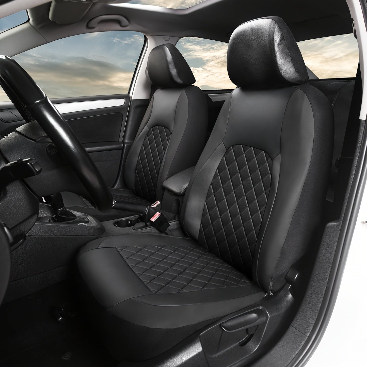Five-Seat Quilted Car Seat Cover Set with Headrest Pieces in Black, Gray and Blue-Trim Color Options