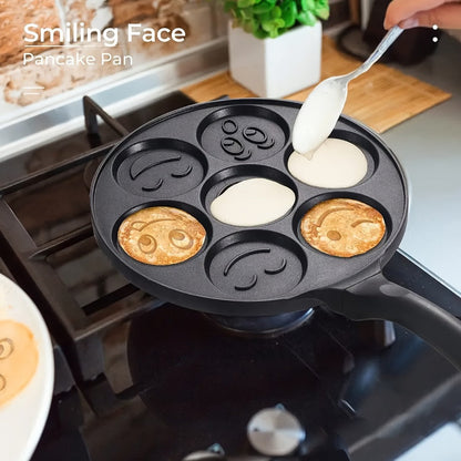 Non-Stick Pancake Pan 7-Hole Smiley Face, Fun Breakfast Egg & Bacon Frying Tray for Kids & Family