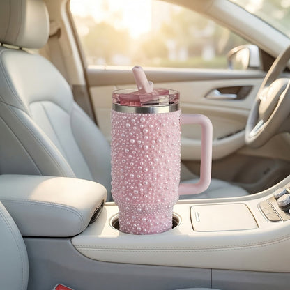 Insulated Tumbler 40oz Pearl Rhinestone Stainless Steel with Handle and Straw in White or Pink