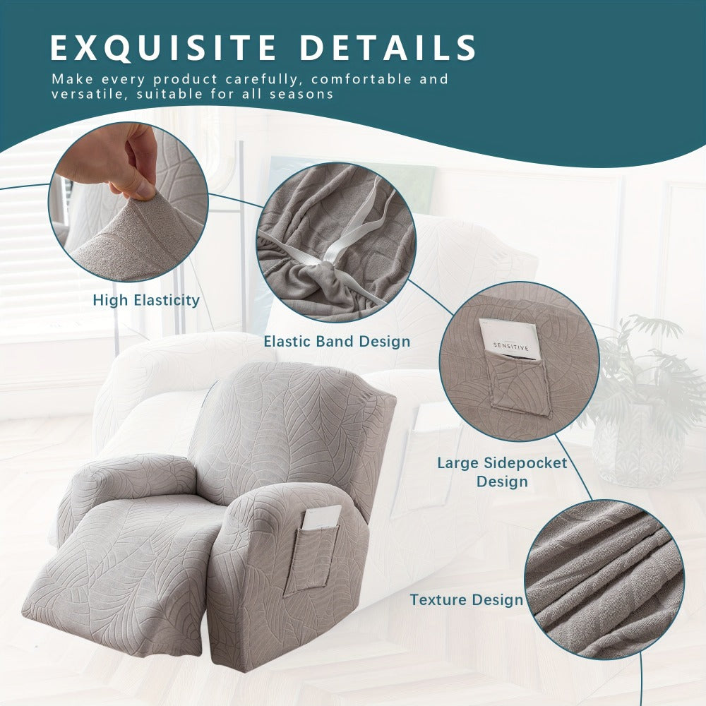 Recliner Chair Cover Slipcover 4-Piece Set – Leaf Jacquard Stretch Furniture Protector with Storage Pocket