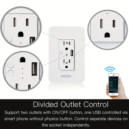 Smart WiFi Wall Outlet with 2 AC Outlets & USB Charging Port, Works with Alexa & Google Home, App Remote Control
