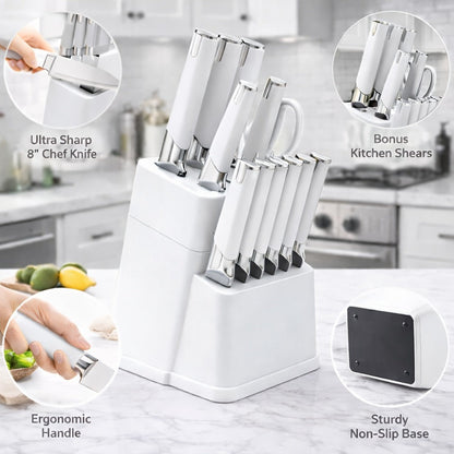 13-Piece Kitchen Knife Set with Block, Chef Bread Steak Knives Scissors Stainless Steel Colorful Cutlery Gift Set with Knife Holder