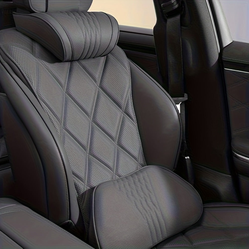 Car Neck Pillow Nappa Leather Headrest – Memory Foam Lumbar Support with Embroidery, All-Season Universal Car Interior Accessory
