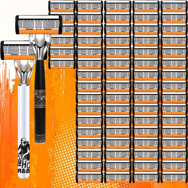 6-Layer Blade Men's Razor Set with Lubricating Strip 2 Handles & 36 or 72 Replacement Blades – Smooth Close Shave Contour-Fitting Ergonomic