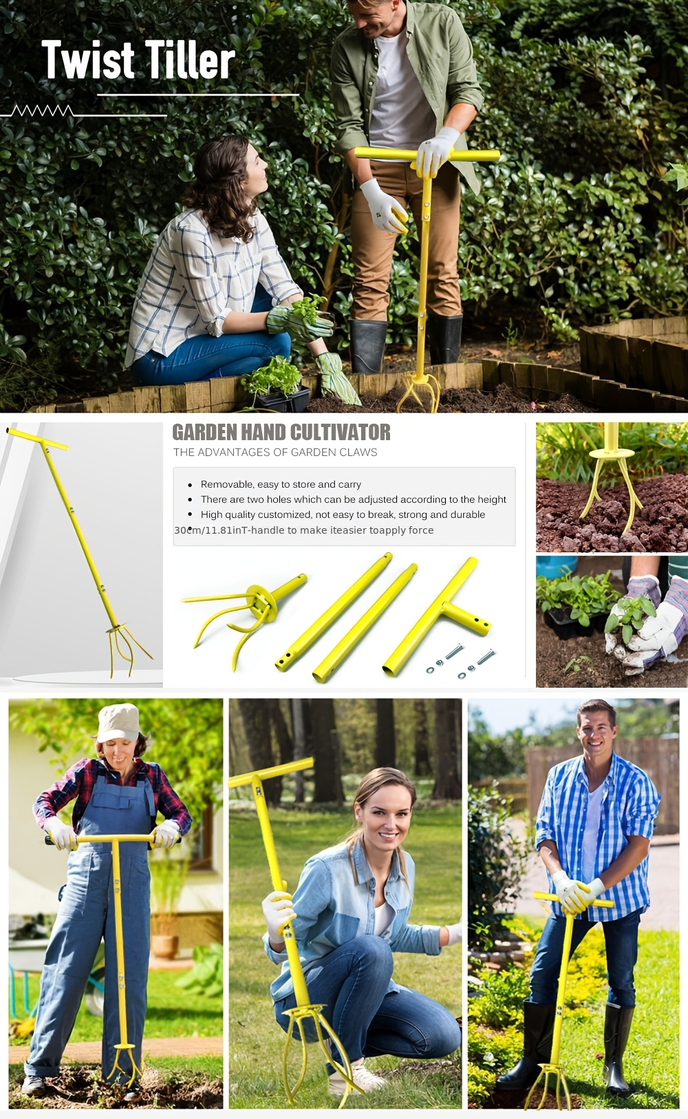 Garden Cultivator Manual Soil Loosener & Scarifier, Heavy-Duty Detachable Ergonomic Handle, Multi-Function Tool for Lawn Aeration
