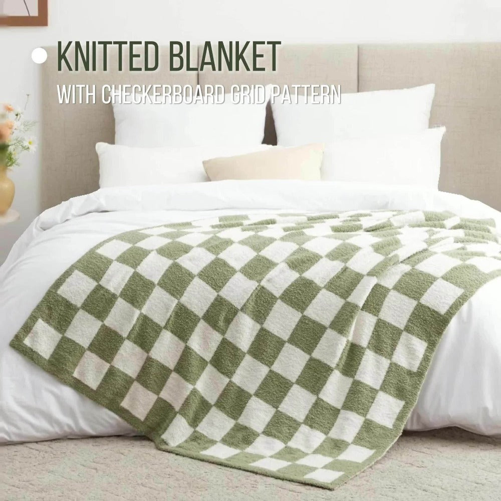 Jacquard Knit Checkered Blanket, Cozy Fluffy Plaid Throw for Couch, Bed & Sofa, All Seasons, 4 Colors