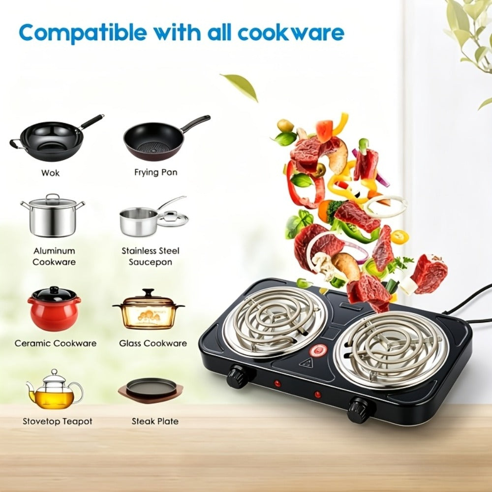 Portable Electric Stove Tabletop Double Burner, Adjustable Rotary Temperature Control, Compact Electric Charcoal Heater for Home