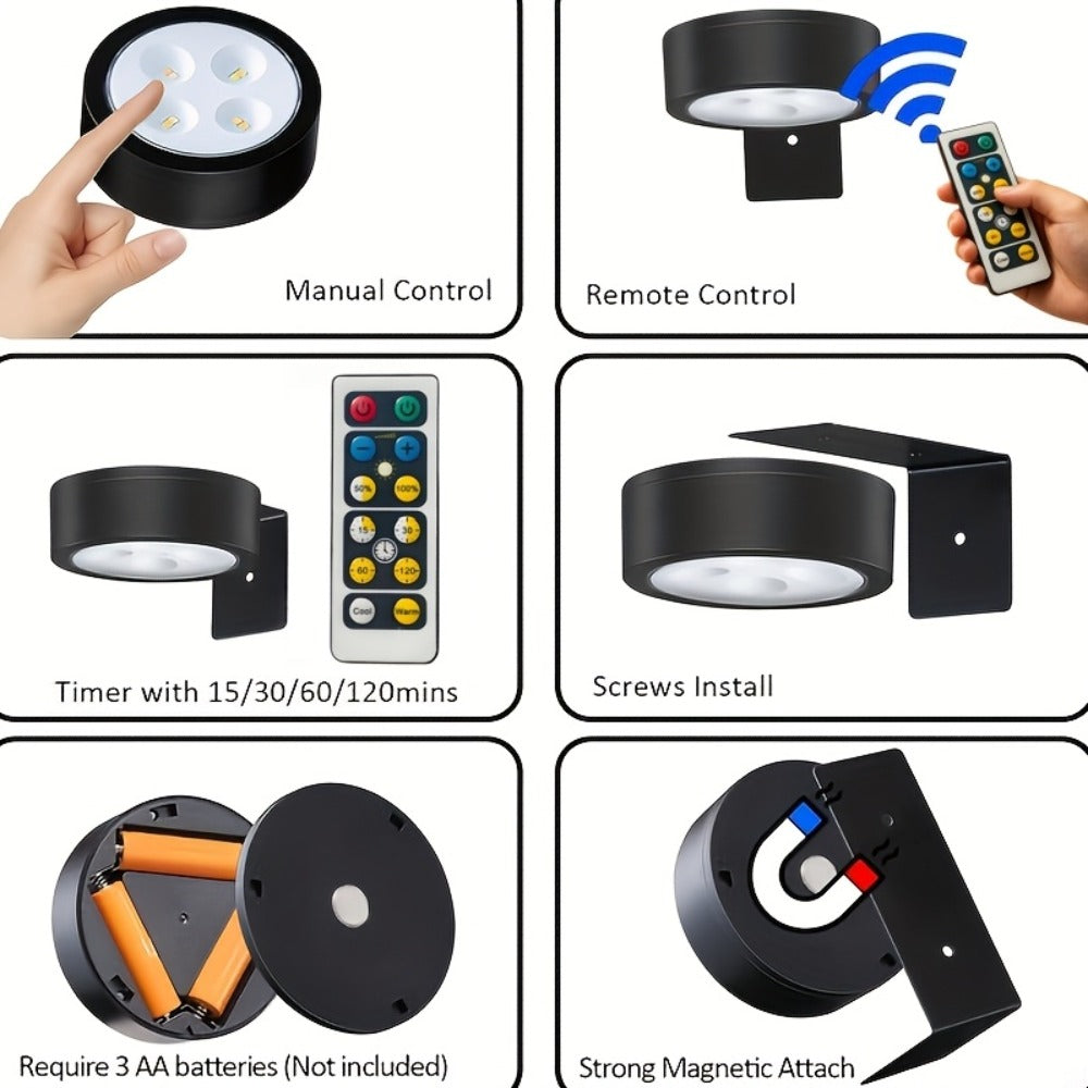 Battery Operated Picture Lights 3-Pack, Magnetic Painting Light with Remote & Timer, 3 Lighting Modes Dimmable Wireless Wall Puck Lights
