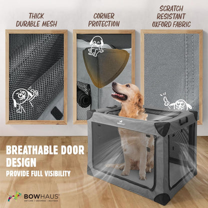 Soft Dog Crate Collapsible 4 Mesh Door – Portable Travel Dog Kennel, 360° Ventilation, 2 Ways to Fold, Indoor Outdoor Car Use