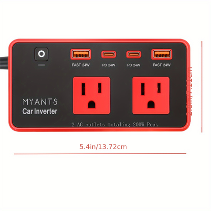 Red 200W Car Power Inverter with Two AC Outlets, USB-A and USB-C Ports, Switch and 12V Plug