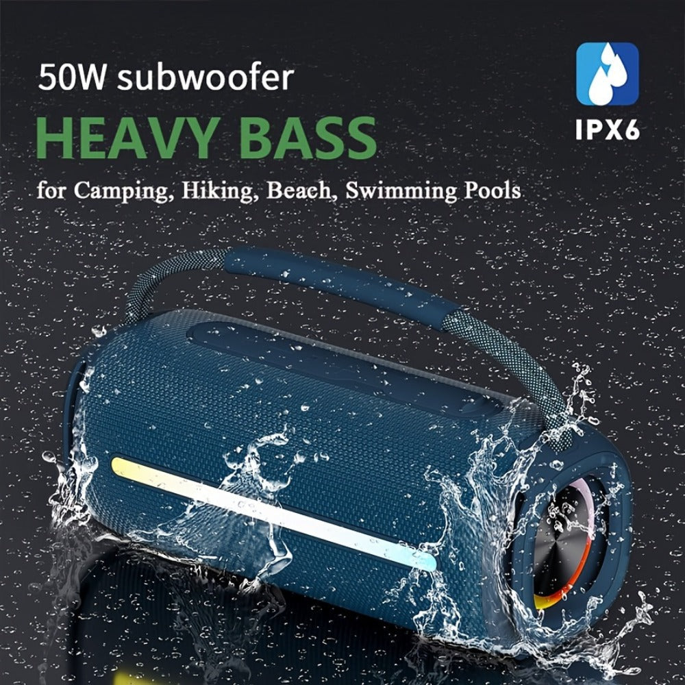 Portable Cylindrical Speaker in Black, Blue or Green with Carry Handle, Dual Light Bars and End-Ring Lighting