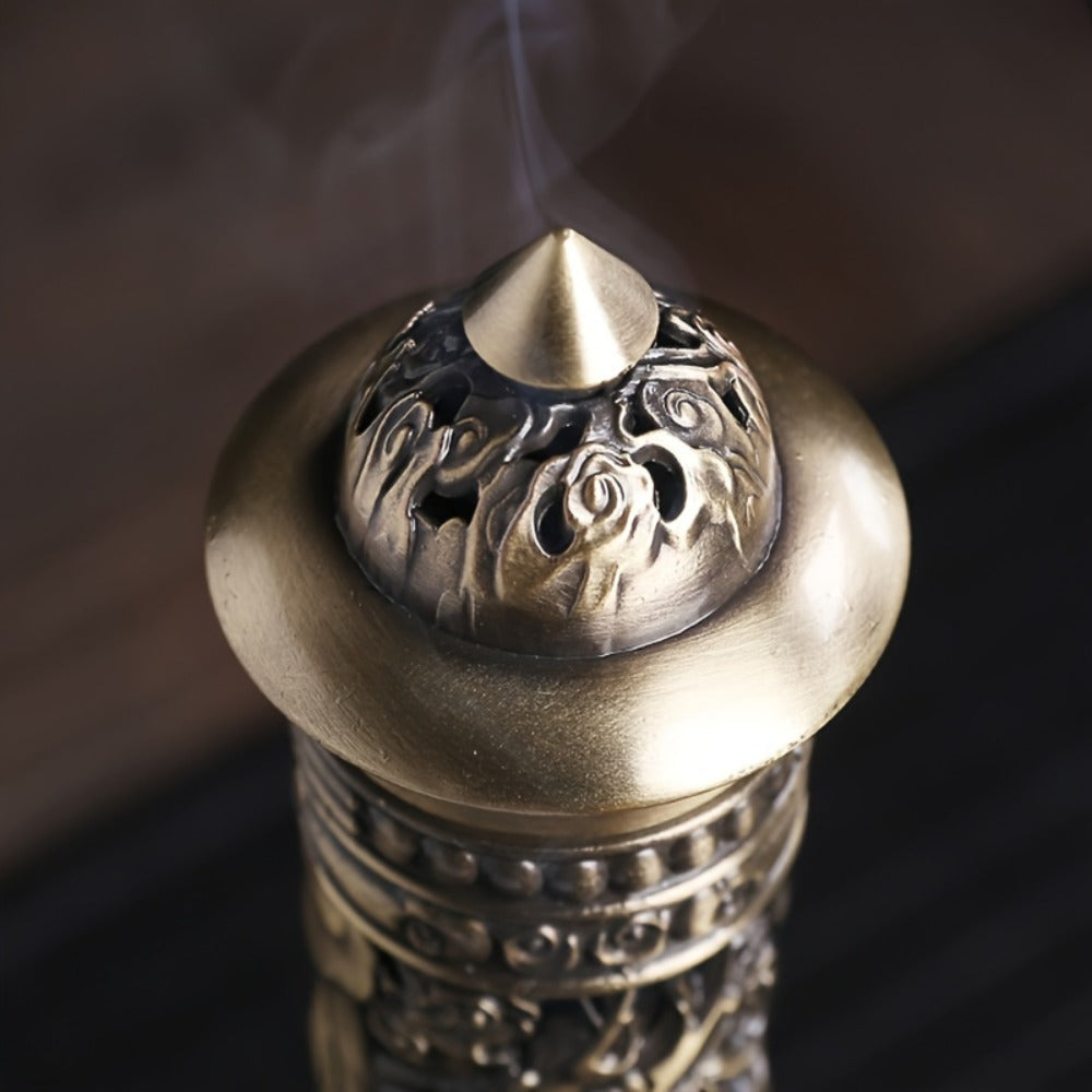 Incense Stick Holder Metal Retro Vertical Design, Dragon & Phoenix Heart Sutra Motif Brass Incense Burner Stand