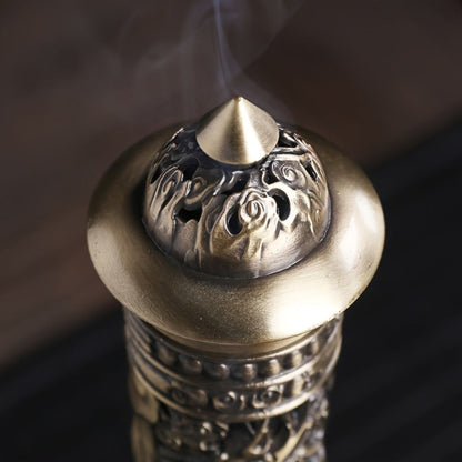 Incense Stick Holder Metal Retro Vertical Design, Dragon & Phoenix Heart Sutra Motif Brass Incense Burner Stand