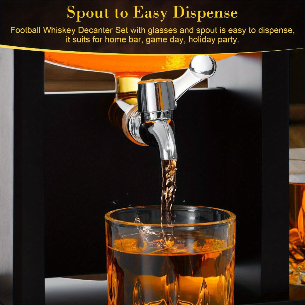 Football Whiskey Decanter Set with 47 oz Spouted Bottle, Two Glasses, Two Football Chillers and Black Display Stand