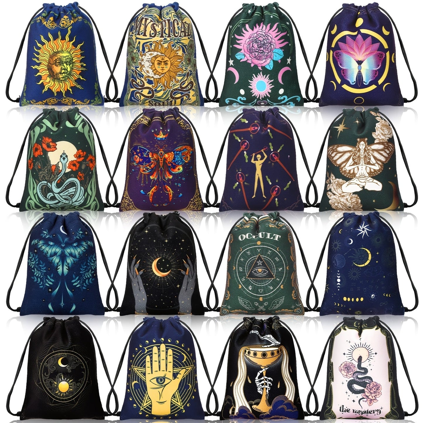 Velvet Tarot Card Bags 16 Pcs Mystical Drawstring Pouches 7.1x5.9 Inch – Dice Jewelry Storage Bag Set for Tarot Enthusiasts