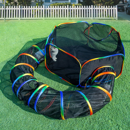 Outdoor Cat Enclosure with Tunnel – Rainbow Cat Playpen Tent with Circle Cat Tunnel for Cats Kittens & Small Animals