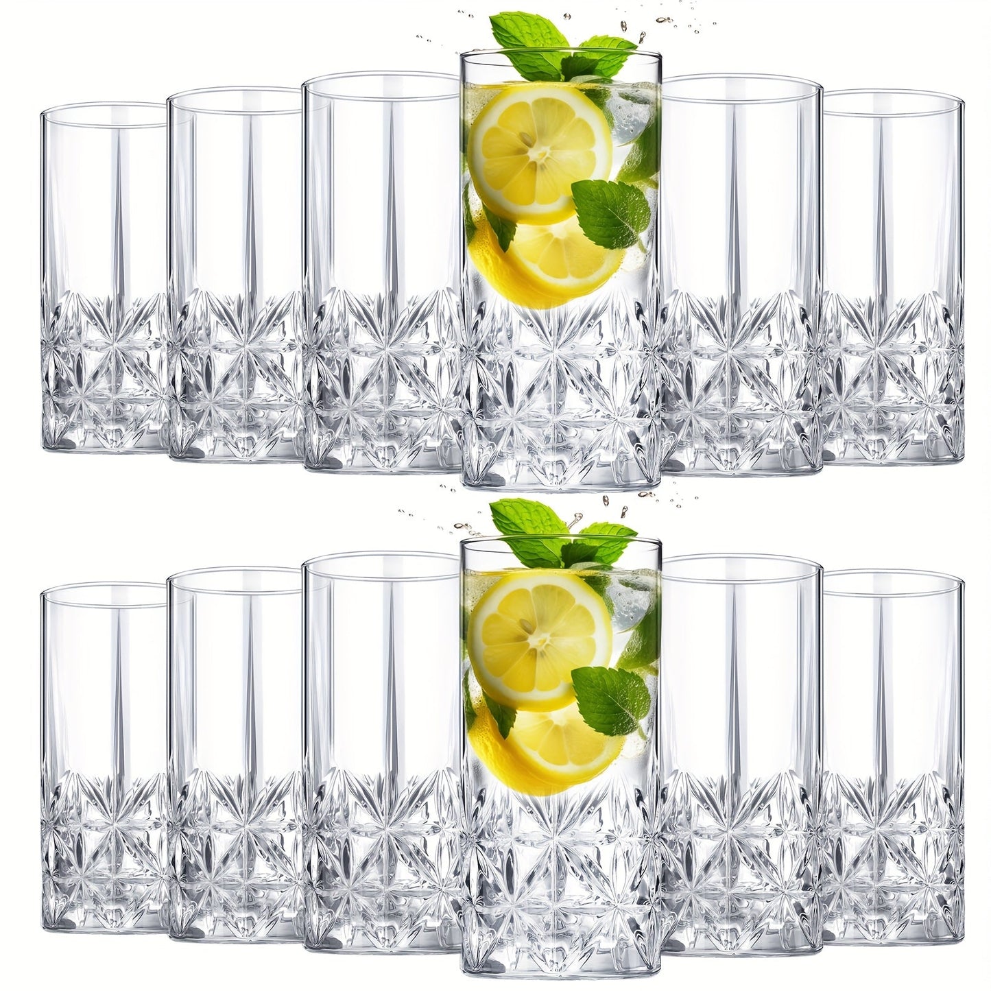 Highball Glasses Set of 12 – 12oz Crystal Clear Vintage Textured Tall Drinking Glasses, Dishwasher Safe Designer Glassware for Cocktail